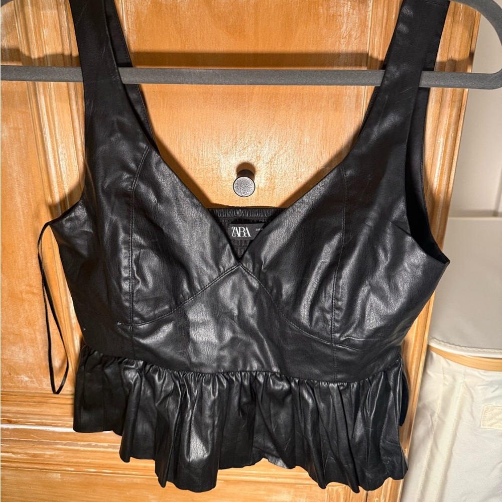Zara Black Faux Leather Peplum Top size XS